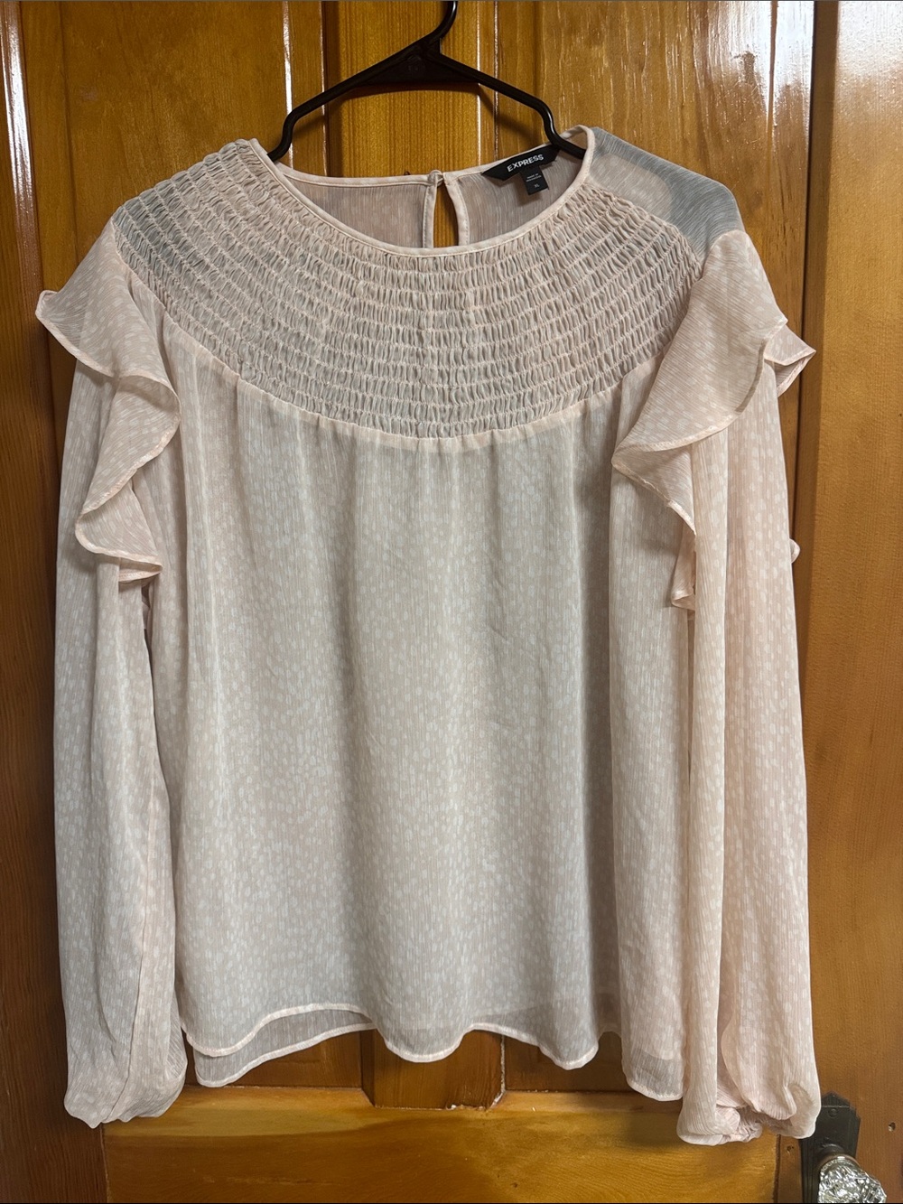 Express Light Cream Smocked Yoke Ruffle Sleeve Blouse